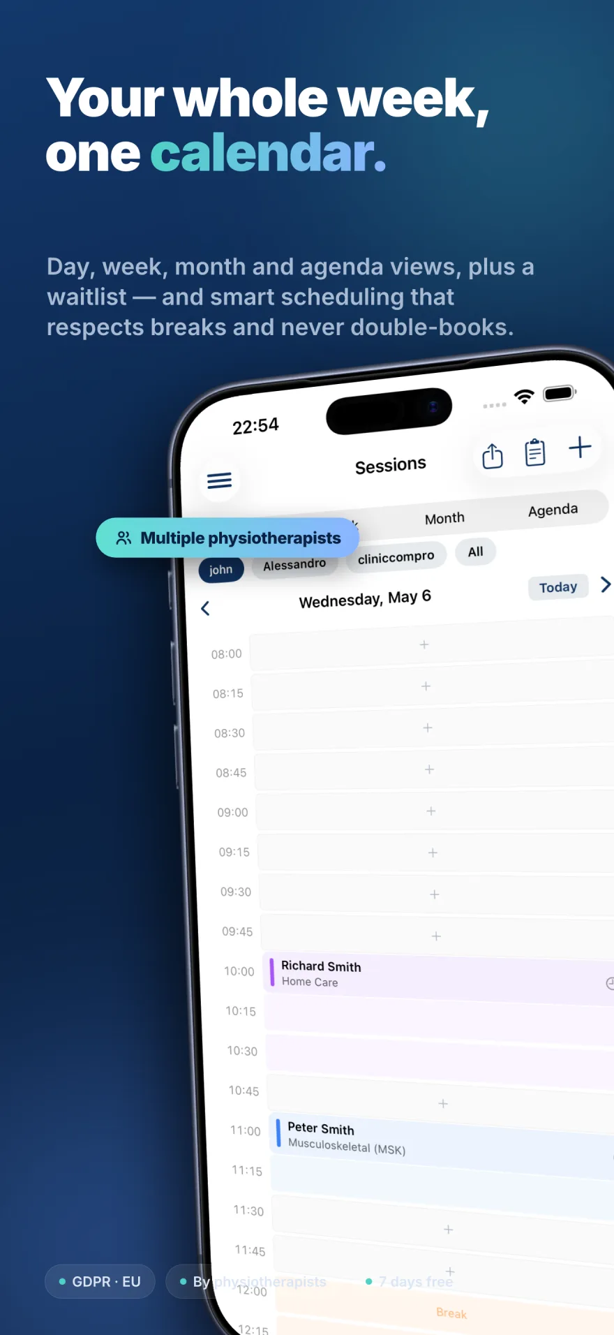 Physiotherapist sessions calendar with day, week, month and agenda views