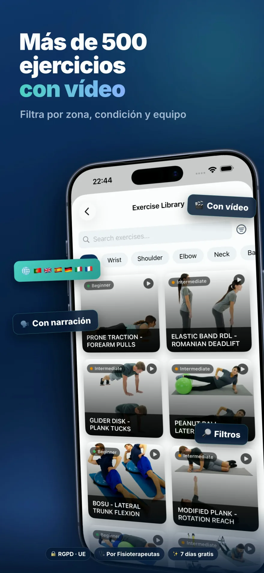 Biblioteca de ejercicios — más de 500 ejercicios con vídeo