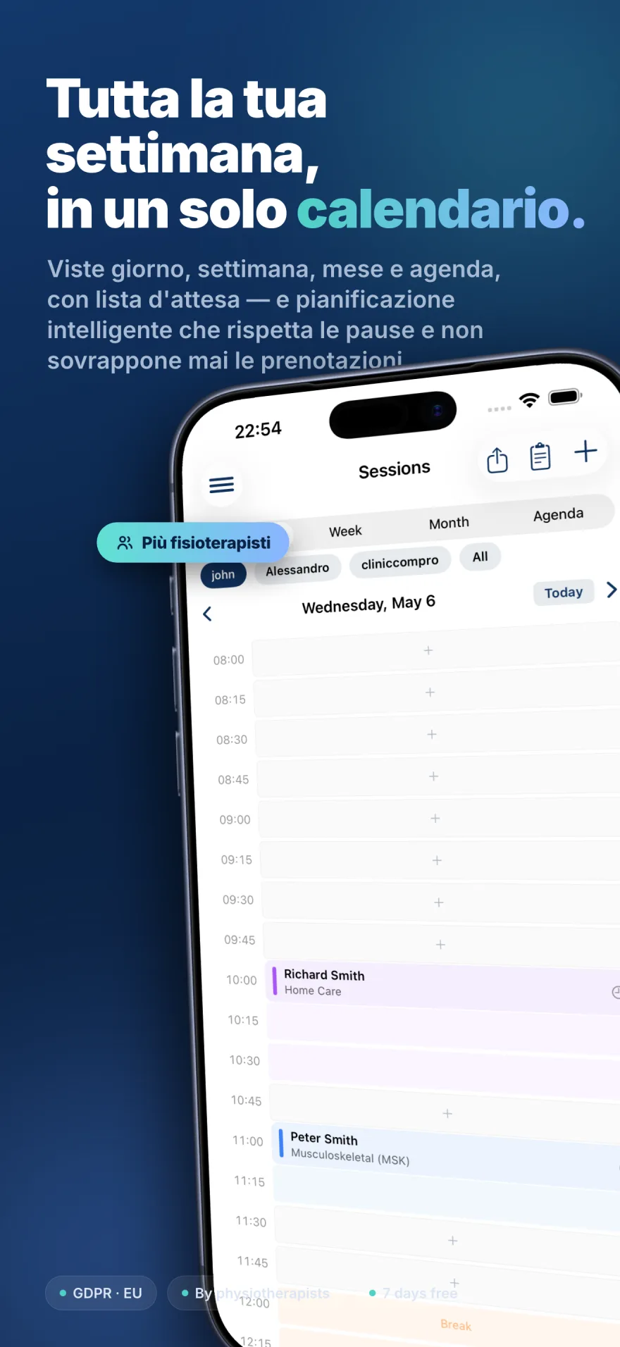 Calendario delle sedute del fisioterapista con viste giorno, settimana, mese e agenda