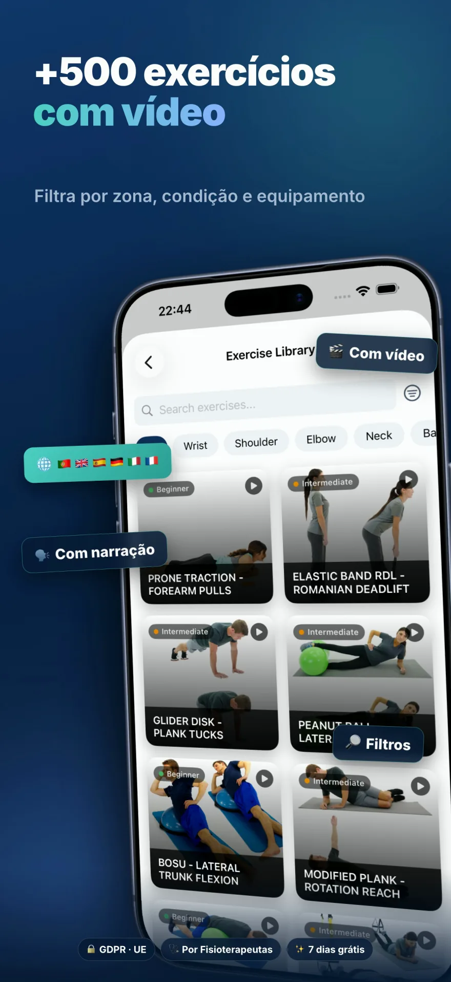 Biblioteca de exercícios — 500+ exercícios com vídeo